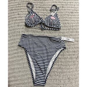 NWT VS PINK Bikini Scrunchie Triangle Top & Hi Waist Bottom Sz S Flamingo Stripe